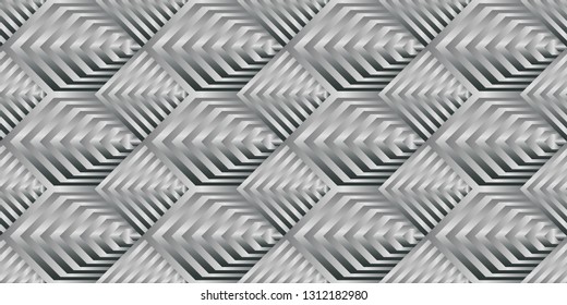 Vector seamless pattern with uncolored gradient lines. Monochrome scales of striped hexagons and rhombuses. Parametric background, industrial technologic texture.