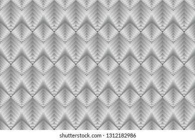 Vector seamless pattern with uncolored gradient lines. Monochrome scales of striped hexagons and rhombuses. Parametric background, industrial technologic texture.