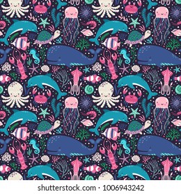 Vector seamless pattern with underwater animals: octopus, whale, turtle, dolpin, jellyfish, crab, lobster, seahorse, squid, clownfish, butterflyfish. Repeated texture with cartoon characters.