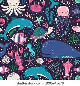 Vector Seamless Pattern With Underwater Animals, Seaweed And Corals. Repeated Texture With Sea Cartoon Characters. Colorful Childish Background.