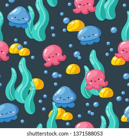 Vector seamless pattern with underwater animals, jellyfish and octopus. Repeated texture with sea cartoon characters. Colorful childish background.
