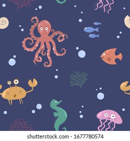 Vector seamless pattern of underwater animals on the dark blue background. Octopus, crab, jellyfish, seahorse, corals, shell, fish.
