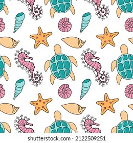 Vector seamless pattern with underwater animals: turtle, sea horse, shells, starfish. Cute illustration in emerald, pink and beige colors for fabric, textile, background, wrapping paper.