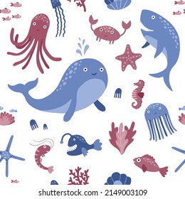 Vector seamless pattern with underwater animals. Cute children illustration. Pink and blue colors. White background.