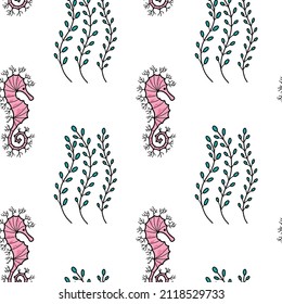 Vector seamless pattern with underwater creator: sea horse and seaweed in pink and green colors. Cute illustration for fabric, textile, background, wallpaper.