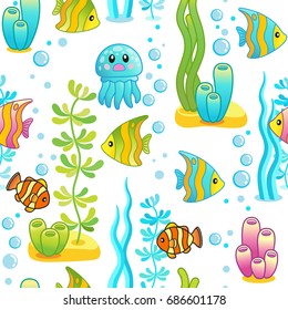 Vector seamless pattern with underwater design and funny sea creatures. Aquarium Party Surface Design with Bright tropical fishes on the white background.