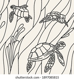 Vector seamless pattern. Underwater Hawaiian turtles. Monochrome bold graphic drawing.