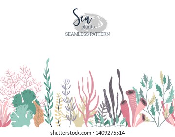 Vector seamless pattern with underwater ocean coral reef plants, corals and anemones. Aquatic and aquarium seaweeds, tropical marine algae, sea wildlife. Endless background