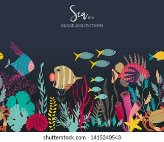 Vector seamless pattern with underwater ocean coral reef plants, corals and exotic fish. Aquatic and aquarium seaweeds, tropical marine algae, sea wildlife. Endless background