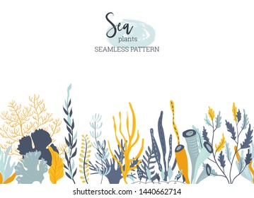 Vector seamless pattern with underwater ocean coral reef plants, corals and anemones. Aquatic and aquarium seaweeds, tropical marine algae, sea wildlife. Endless background