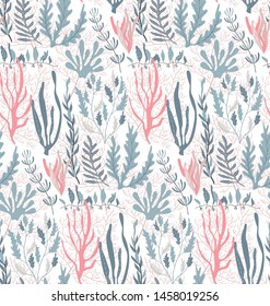 Vector seamless pattern with underwater ocean coral reef plants, corals and anemones. Aquatic and aquarium seaweeds, tropical marine algae, sea wildlife. Endless background
