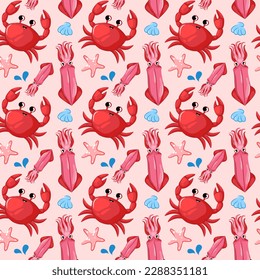 Vector seamless pattern underwater. Repeat the background with crabs, starfish, squid. Funny illustration in pink with cute sea animals