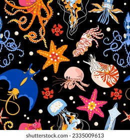 Vector seamless pattern underwater sea animals. Repeat the background with crabs, starfish, stingray, squid, jellyfish, nautilus. Funny illustration in white and yellow background