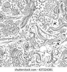 Vector seamless pattern of underwater wild animals and plants. Doodles linear illustration. Whale, dolphin, turtle, fish, shell, octopus, jellyfish, seahorse, algae. Sea life boundless background.