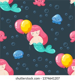 Vector seamless pattern with underwater world. Repeated texture with meremaid cartoon character and balloons. Colorful childish background.