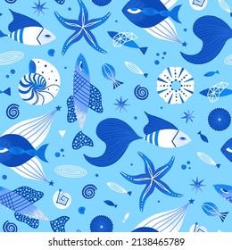 Vector seamless pattern with underwater world. Hand-drawn fish. Marine life. Blue repeating background. It can be used for clothes, T-shirts, swimwear, wrapping, wallpaper