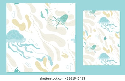 Vector seamless pattern. Underwater world creatures. Jellyfishes and seaweed. For prints, textile, wallpapers, background etc.