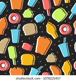 Vector seamless pattern with unhealthy food over black background. Colorful tasty fast food set in flat style