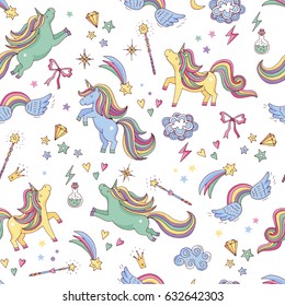 Vector seamless pattern of unicorn, clouds, rainbow and magic wand