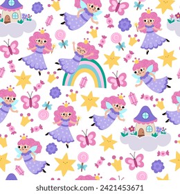 Vector seamless pattern for unicorn or little princess birthday party. Repeat background with stars, rainbow, fairy in purple dress, flowers, butterflies. Fantasy world or fairytale digital paper
