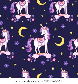 Vector seamless pattern with unicorns. Background picture with a mythical animal in cartoon children's style.