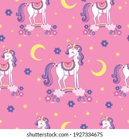 Vector seamless pattern with unicorns. Background picture with a mythical animal in cartoon children's style.