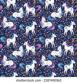 Vector seamless pattern with unicorns, blooming flowers, stars and moon. Magical repeated texture with cute cartoon characters and florals. Fantasy fairytale print with white unicorns.