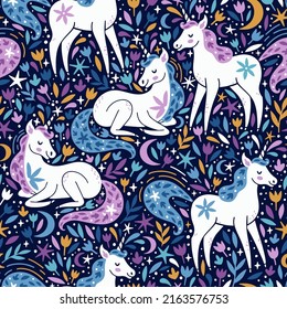 Vector seamless pattern with unicorns, flowers, stars and moon. Cute childish repeated texture with fairytale animals. Cartoon unicorns. Fantasy print for kids clothing and fabric.