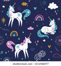 Vector seamless pattern with unicorns, rainbow, cloud, stars and sparkles. Cute childish repeated texture with fairytale animals. Cartoon unicorns. Template for kids fabric.