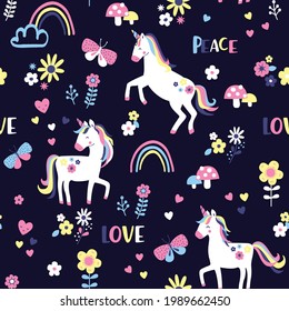 Vector Seamless Pattern With Unicorns, Rainbow, Cloud, Stars And Sparkles. Cute Childish Repeated Texture With Fairytale Animals. Cartoon Unicorns. Template For Kids Fabric.