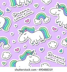 vector seamless pattern with unicorns, rainbows, clouds and hearts, dreams come true lettering