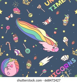 vector seamless pattern. Unicorns time concept. 081