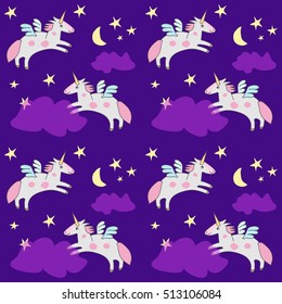 vector seamless pattern unicorns with wings at night