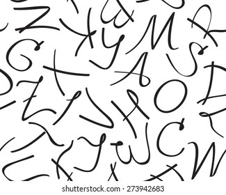 Vector seamless pattern with unique artistic letters of alphabet on white background.