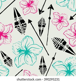 Vector seamless pattern. Universal colorful summer hawaiian flowers, aztec arrows in black, blue, pink. Modern design, wallpaper, wrapping paper, tourism