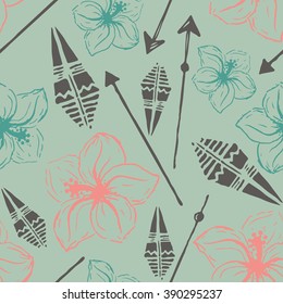 Vector seamless pattern. Universal colorful summer hawaiian flowers, aztec arrows in gray, blue, pink. Modern design, wallpaper, wrapping paper, tourism