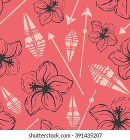 Vector seamless pattern. Universal colorful summer hawaiian flowers, aztec arrows in gray, white, pink. Modern design, wallpaper, wrapping paper, tourism