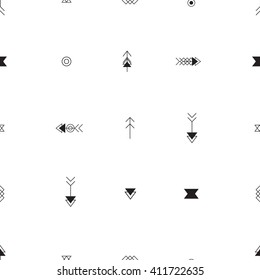 Vector seamless pattern. Universal summer hawaiian flowers, aztec arrows in black and white. Modern design, wallpaper, wrapping paper, tourism