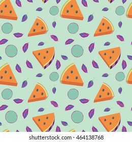 Vector seamless pattern unreal color composition watermelon lime and mint lemonade on blue background. Bright simple pattern with watermelon lime and mint.