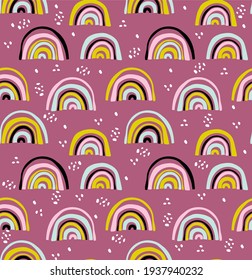 Vector seamless pattern with unusual rainbows drawn by children's hands. Trendy and fashionable print for boys and girls. Illustration for envelopes, textiles, notebooks, and holidays.