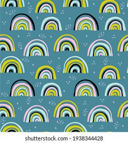 Vector seamless pattern with unusual rainbows drawn by children's hands. Trendy and fashionable print for boys and girls. Illustration for envelopes, textiles, notebooks, and holidays.