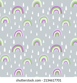 Vector seamless pattern with unusual rainbows drawn by children's hands. Trendy and fashionable print for boys and girls. Illustration for envelopes, textiles, notebooks, and holidays