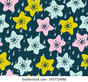 
Vector seamless pattern with unusual stars and rain drawn by children's hands. Trendy and fashionable print for boys and girls. Illustration for envelopes, textiles, notebooks, and holidays.