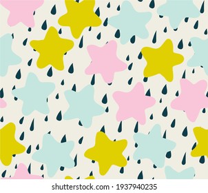 
Patrón vectorial sin fisuras con estrellas inusuales y lluvia dibujada por las manos de los niños. Impresiones de moda para niños y niñas. Ilustración para sobres, textiles, cuadernos y festividades.