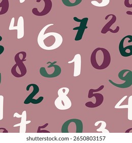 Vector seamless pattern with upright handwritten digits in green, plum, and white on soft powder pink background for textiles