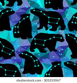 Vector seamless pattern with ursa major and silhouettes of the bears. Geometric seamless pattern in separate layer