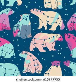 Vector seamless pattern with ursa major and polar bears