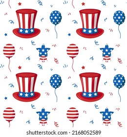 Vector seamless pattern for USA Independence day. American flag. Bakground with USA hat and ballons. USA celebration. Independence day.