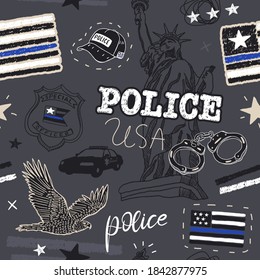 Vector seamless pattern with USA police flag, handcuffs, Statue of Liberty, lettering, stars and police car. Cool military background for design postcard, poster, banner for American holidays.