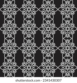 The vector seamless pattern uses circles and hexagonal shapes as its base with a black background